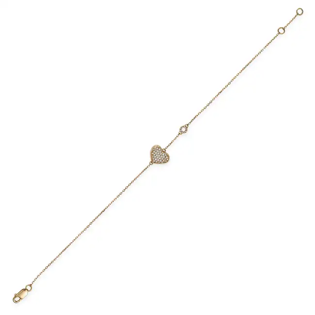 A DIAMOND HEART BRACELET comprising a heart and a circular motif set to both sides with round