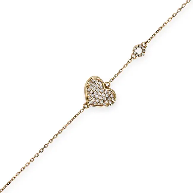 A DIAMOND HEART BRACELET comprising a heart and a circular motif set to both sides with round