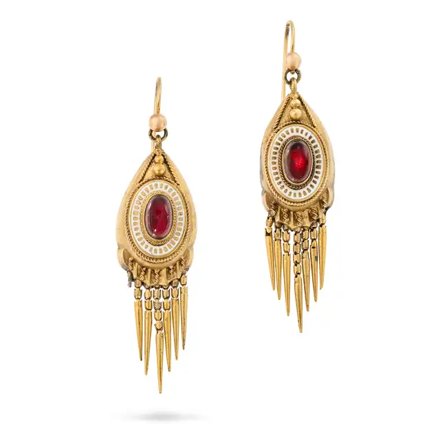 NO RESERVE - A PAIR OF ANTIQUE GARNET AND ENAMEL FRINGE EARRINGS, CIRCA 1870 in yellow gold, each