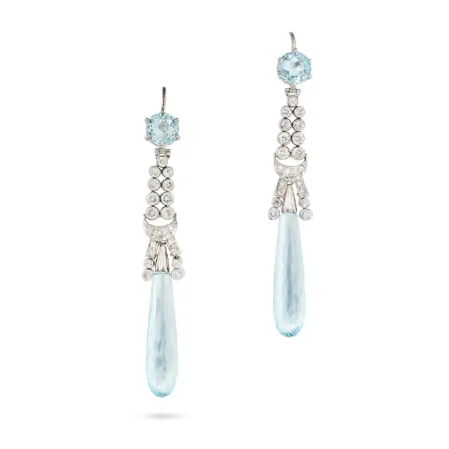 A PAIR FINE ART DECO AQUAMARINE AND DIAMOND DROP EARRINGS each comprising a briolette cut aquamarine