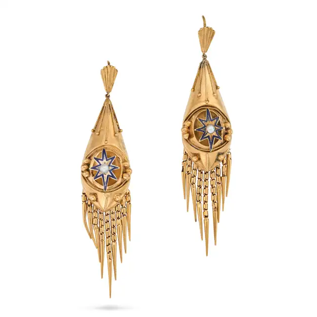 A PAIR OF ANTIQUE VICTORIAN PEARL AND ENAMEL ETRUSCAN REVIVAL DROP EARRINGS the tapering drops set