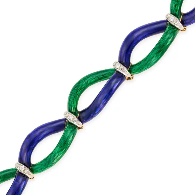 A VINTAGE ITALIAN ENAMEL AND DIAMOND BRACELET in 18ct yellow gold, comprising a row of links
