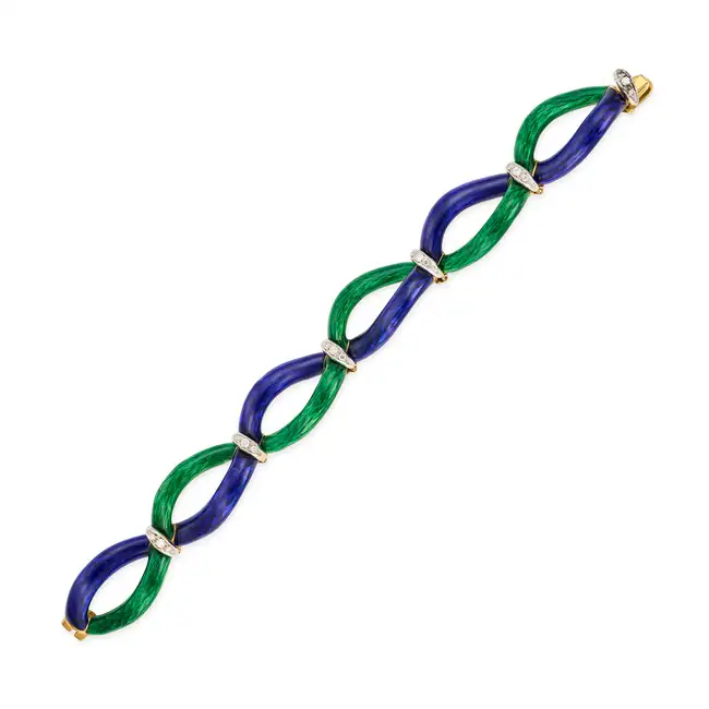 A VINTAGE ITALIAN ENAMEL AND DIAMOND BRACELET in 18ct yellow gold, comprising a row of links