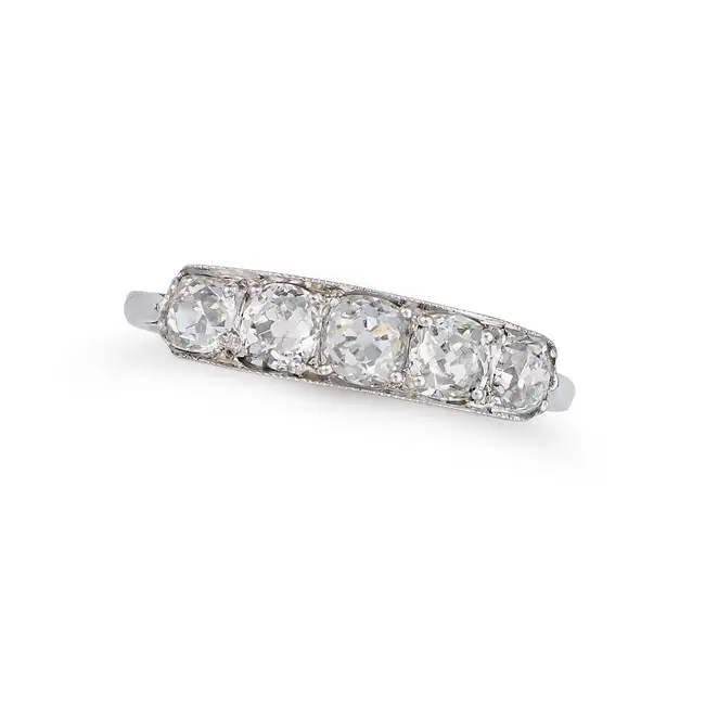 A DIAMOND FIVE STONE RING set with five old cut diamonds, the diamonds totalling 1.1-1.2 carats,