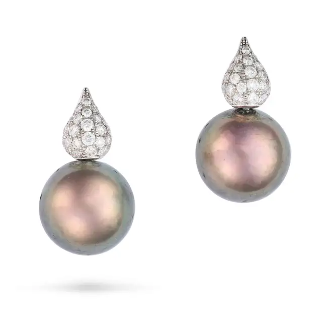 A PAIR OF TAHITIAN BLACK PEARL AND DIAMOND EARRINGS in 18ct white gold, each set with a Tahitian