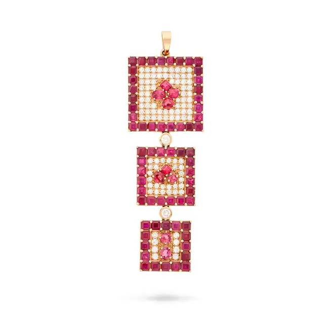 NO RESERVE - A RUBY AND DIAMOND PENDANT the square pendant set with a cluster of square step cut,