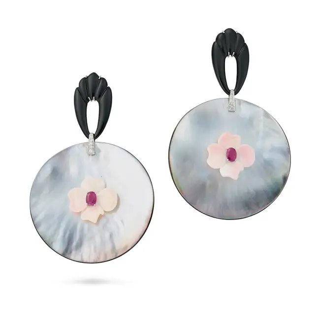 A PAIR OF MOTHER OF PEARL, RUBY, CONCH SHELL, DIAMOND AND ONYX EARRINGS each comprising a polished