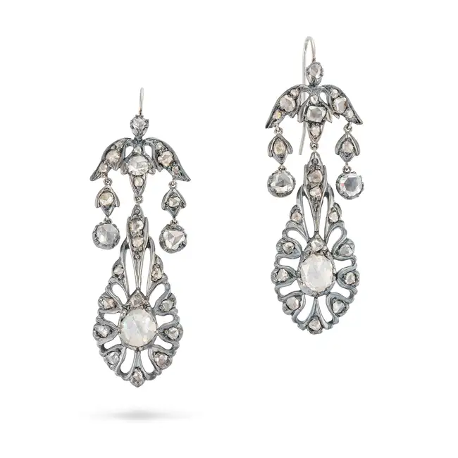 A PAIR OF ANTIQUE GEORGIAN DIAMOND DROP EARRINGS, CIRCA 1800 AND LATER in silver, each in foliate