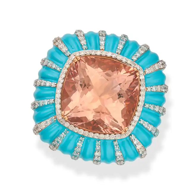 A MORGANITE, DIAMOND AND ENAMEL DRESS RING set with a cushion cut morganite of 15.90 carats in a