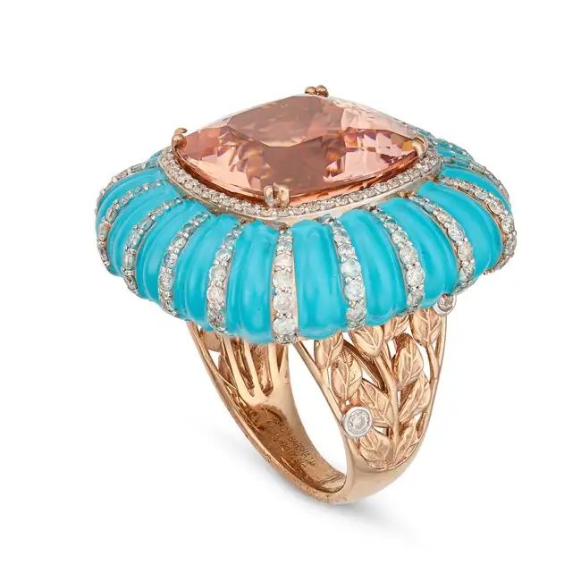 A MORGANITE, DIAMOND AND ENAMEL DRESS RING set with a cushion cut morganite of 15.90 carats in a