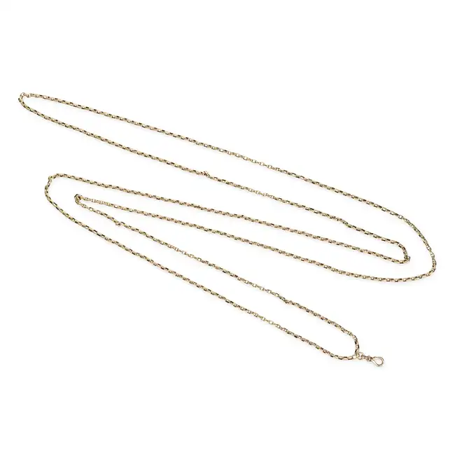 AN ANTIQUE GUARD CHAIN NECKLACE in yellow gold, comprising a row of oval links terminating with a