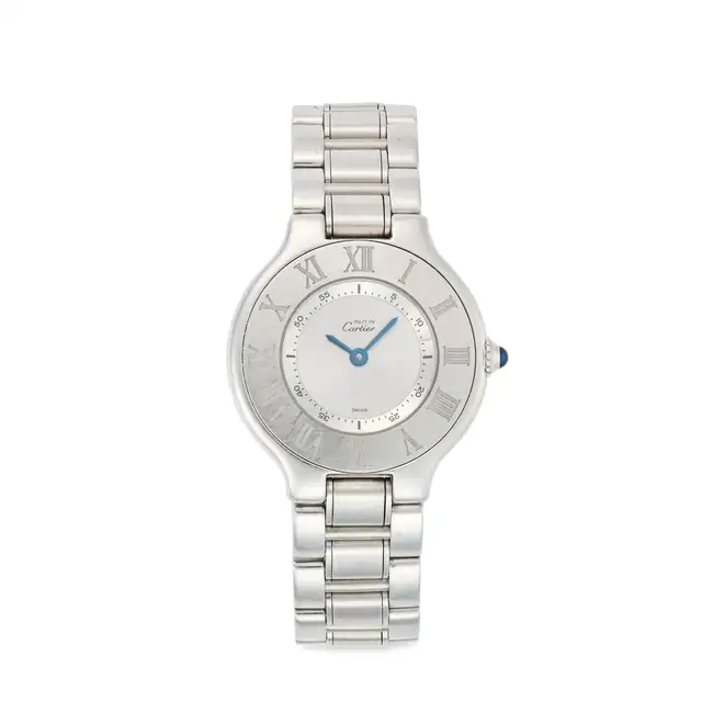 CARTIER, A LADIES MUST 21 WRISTWATCH, in stainless steel, the circular case with engraved Roman