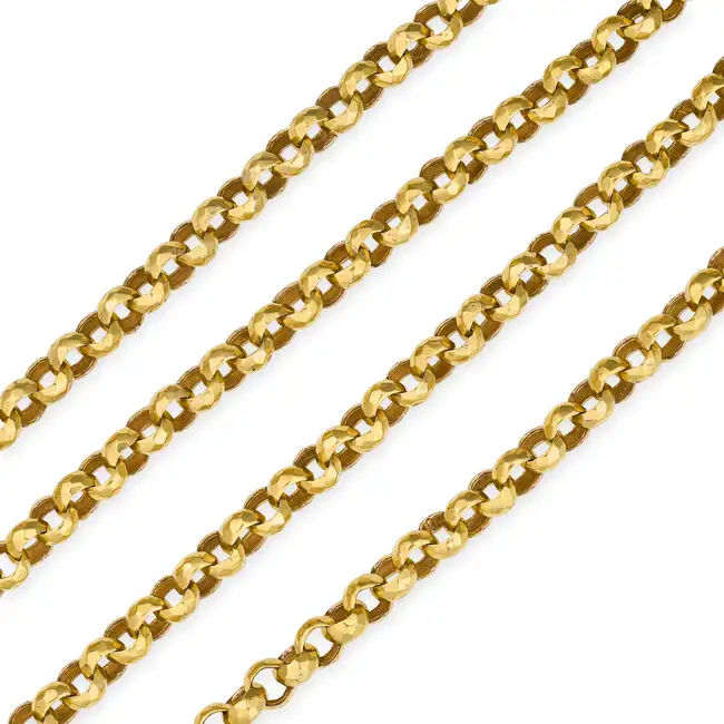 AN ANTIQUE BELCHER CHAIN NECKLACE comprising a row of bright cut belcher links, no assay marks, 80.