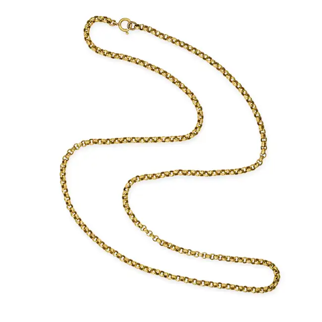 AN ANTIQUE BELCHER CHAIN NECKLACE comprising a row of bright cut belcher links, no assay marks, 80.