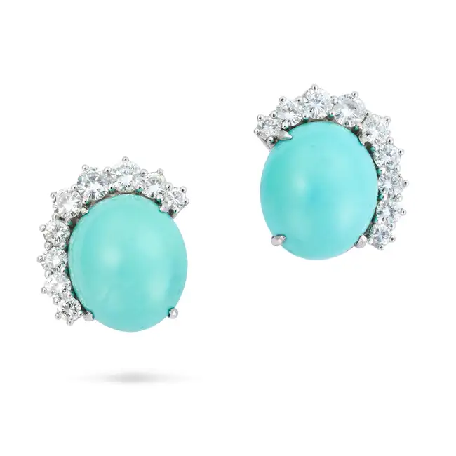 A PAIR OF FINE TURQUOISE AND DIAMOND EARRINGS each set with an oval cabochon turquoise accented by