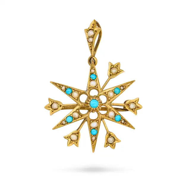 NO RESERVE - AN ANTIQUE TURQUOISE AND PEARL STAR BROOCH / PENDANT in 9ct yellow gold, designed as