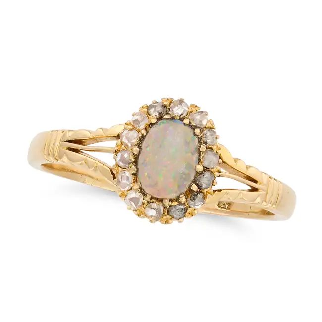 NO RESERVE - AN ANTIQUE VICTORIAN OPAL AND DIAMOND DRESS RING, 1896 in 18ct yellow gold, set with an