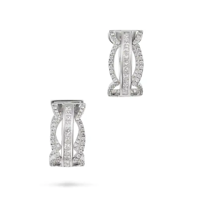 A PAIR OF DIAMOND HOOP EARRINGS in 18ct white gold, each set inside and out with a row of princes