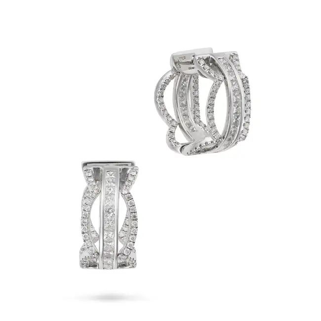 A PAIR OF DIAMOND HOOP EARRINGS in 18ct white gold, each set inside and out with a row of princes