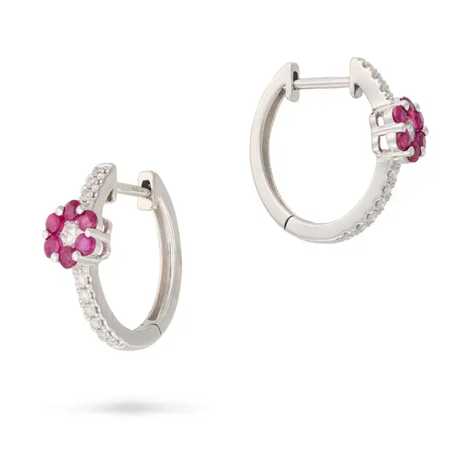 NO RESERVE - A PAIR OF RUBY AND DIAMOND FLOWER HOOP EARRINGS in 18ct white gold, each designed as