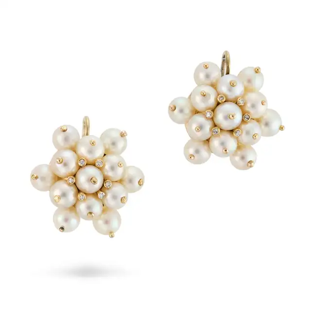 A PAIR OF PEARL AND DIAMOND CLUSTER EARRINGS each comprising a cluster of pearls accented by round