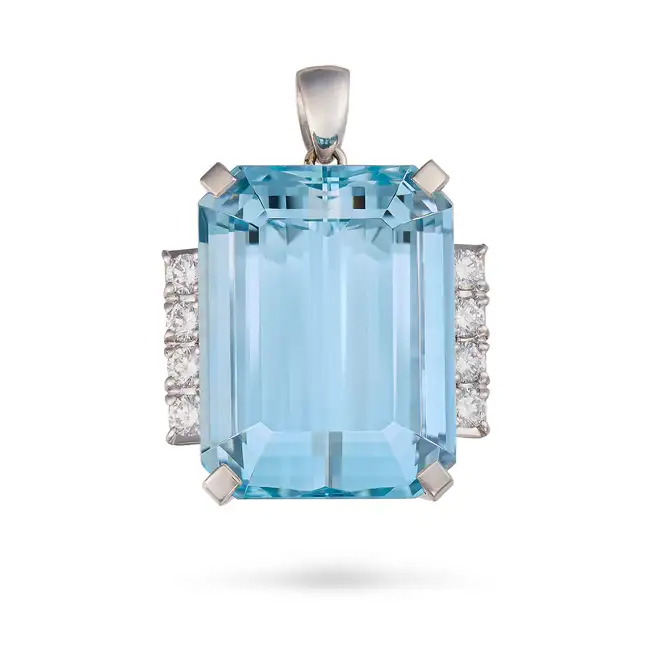 A FINE AQUAMARINE AND DIAMOND PENDANT set with an octagonal step cut aquamarine of 21.88 carats,