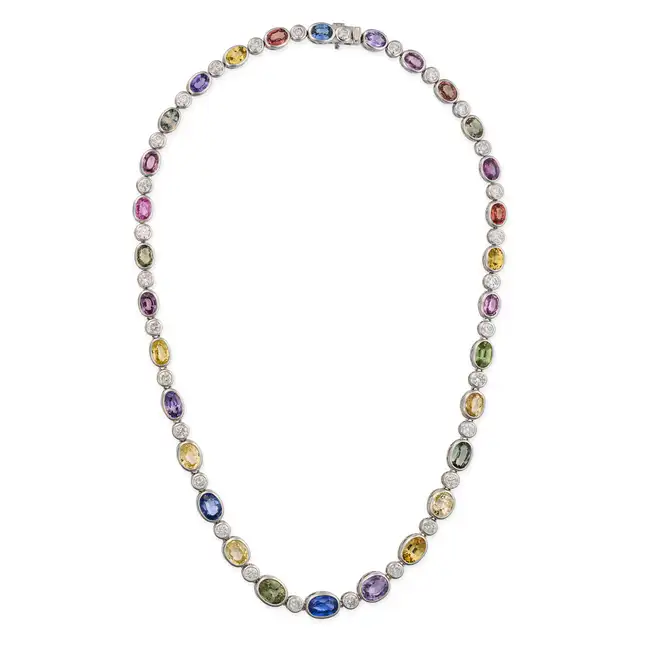 SHEFFIELD & SONS, A FINE UNHEATED MONTANA MULTICOLOUR SAPPHIRE AND DIAMOND RIVIERE NECKLACE