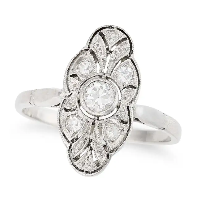 A DIAMOND DRESS RING in Art Deco design, the geometric face set with an old European cut diamond,