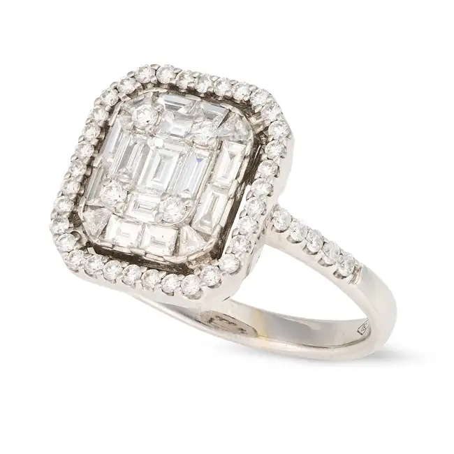 LYPPENS, A DIAMOND CLUSTER RING in 18ct white gold, invisibly set with a cluster of round brilliant,