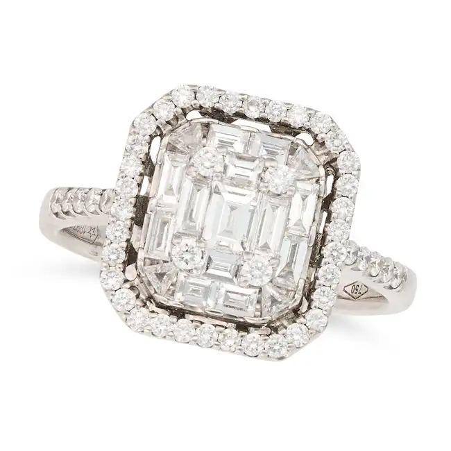 LYPPENS, A DIAMOND CLUSTER RING in 18ct white gold, invisibly set with a cluster of round brilliant,
