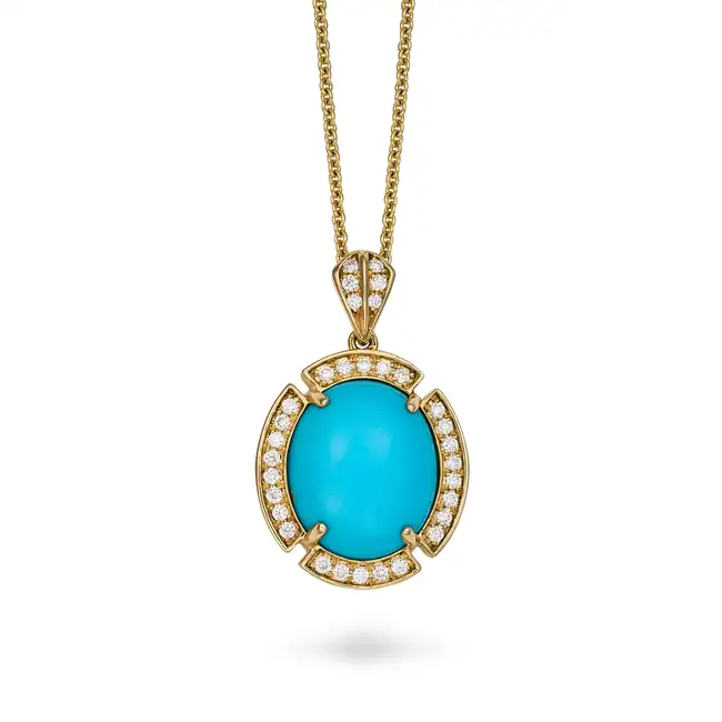 A TURQUOISE AND DIAMOND PENDANT NECKLACE the pendant set with an oval cabochon turquoise accented by