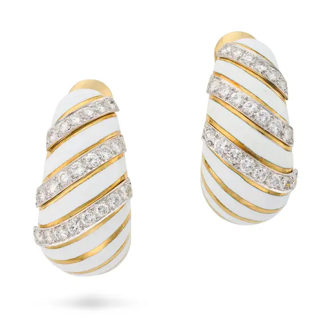 NO RESERVE - ATTR. DAVID WEBB, A PAIR OF VINTAGE ENAMEL AND DIAMOND HOOP EARRINGS in 18ct yellow