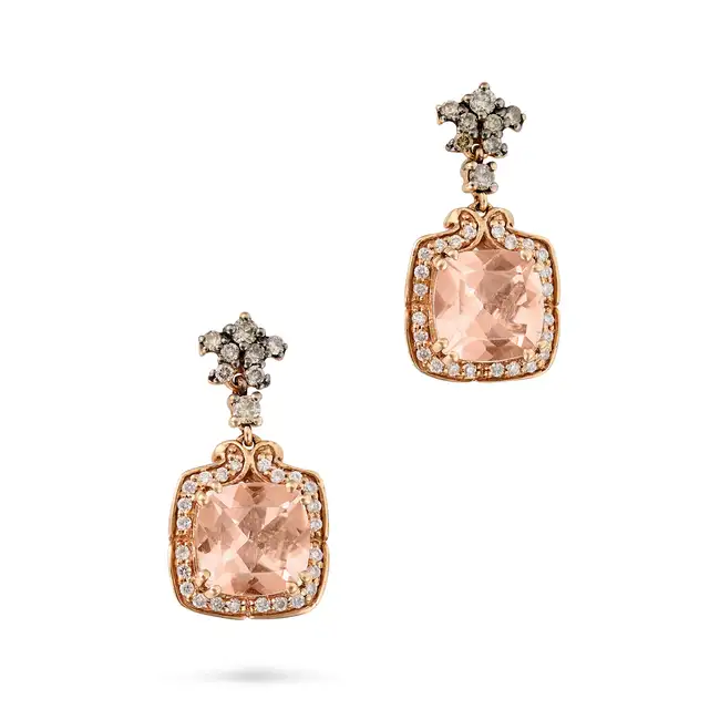 A PAIR OF MORGANITE AND DIAMOND DROP EARRINGS in 14ct rose gold, each set with round brilliant cut