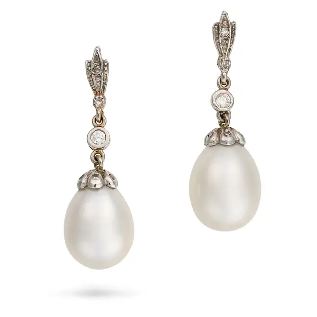 A PAIR OF PEARL AND DIAMOND DROP EARRINGS each set with single cut diamond, suspending a round