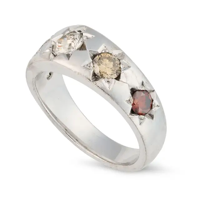 NO RESERVE - A FANCY COLOUR DIAMOND FIVE STONE GYPSY RING set with five round brilliant fancy