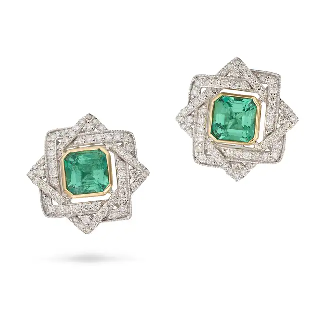 OSCAR FRIEDMAN, A PAIR OF EMERALD AND DIAMOND STAR EARRINGS each set with an octagonal step cut