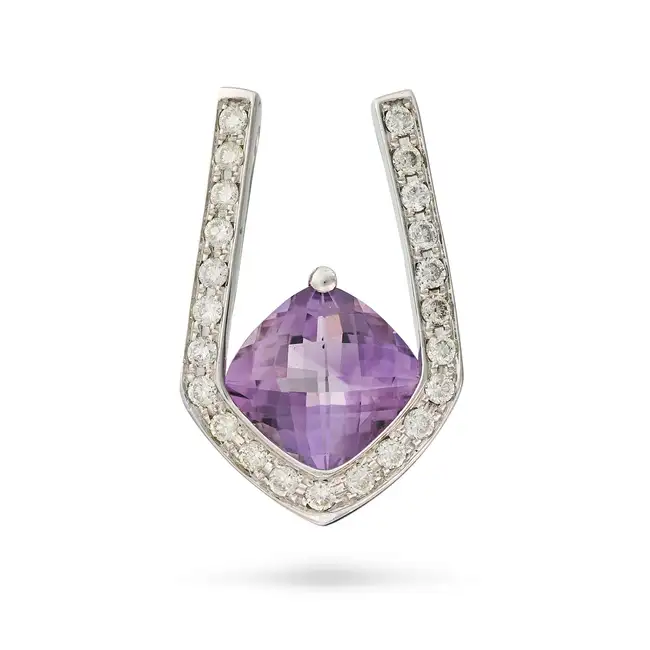 NO RESERVE - AN AMETHYST AND DIAMOND PENDANT set with a faceted amethyst, accented by round