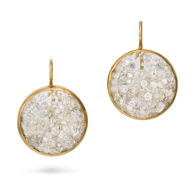 A PAIR OF DIAMOND AND ROCK CRYSTAL DROP EARRINGS each comprising a rock crystal locket with free