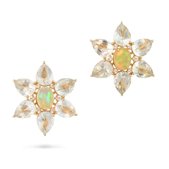 A PAIR OF OPAL, PRASIOLITE AND DIAMOND FLOWER EARRINGS each designed as a flower, set with a