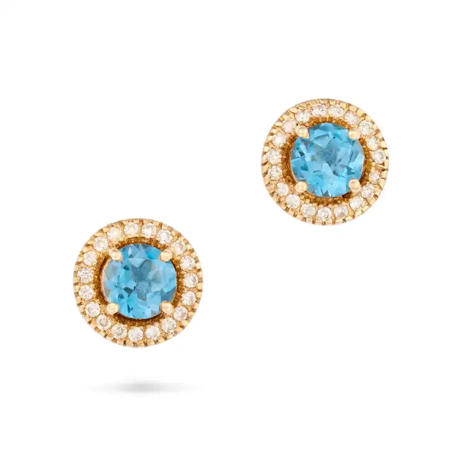 NO RESERVE - A PAIR OF BLUE TOPAZ AND DIAMOND STUD EARRINGS in 14ct yellow gold, each set with a