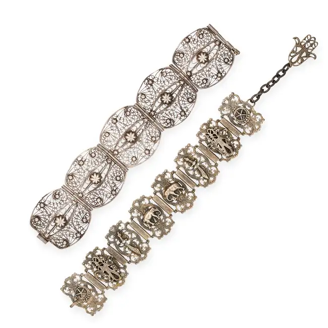 NO RESERVE - TWO SILVER BRACELETS comprising an Egyptian silver filigree bracelet, stamped Made in
