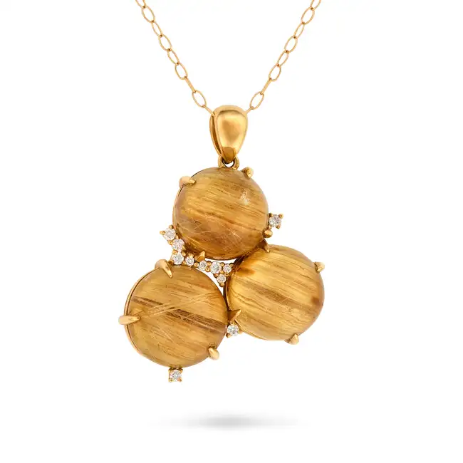 A RUTILATED QUARTZ AND DIAMOND PENDANT NECKLACE in 18ct yellow gold, set with three cabochon