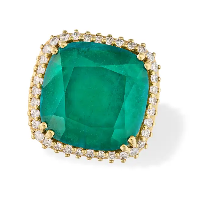 MORAGLIONE, A SOUDE EMERALD AND DIAMOND RING set with a cushion cut soude emerald within a border of