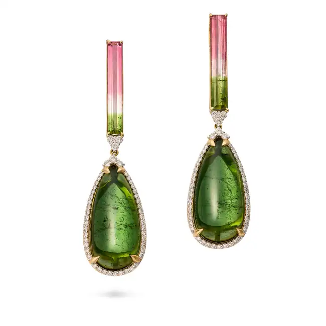 OSCAR FRIEDMAN, A FINE PAIR OF WATERMELON TOURMALINE, GREEN TOURMALINE AND DIAMOND DROP EARRINGS