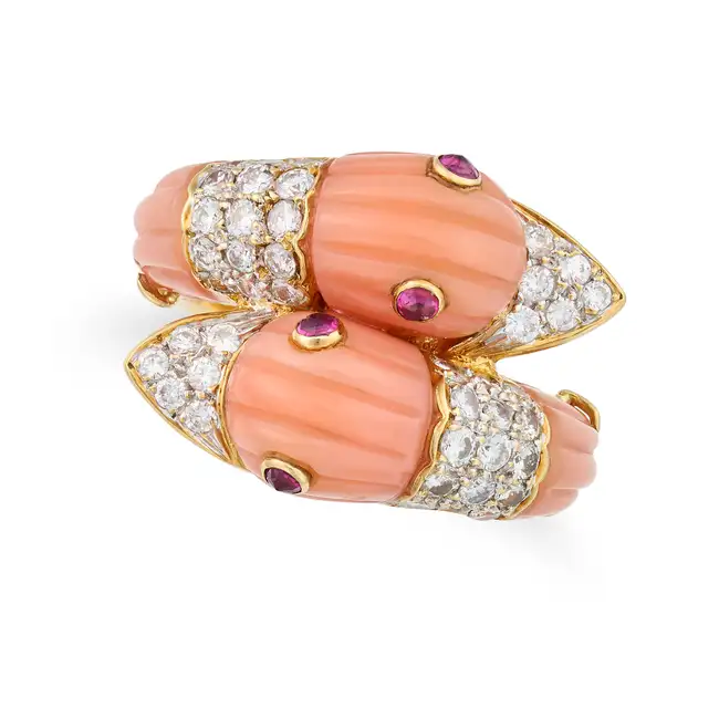 A VINTAGE CORAL, RUBY AND DIAMOND DUCK RING in 18ct yellow gold, in crossover design, designed as