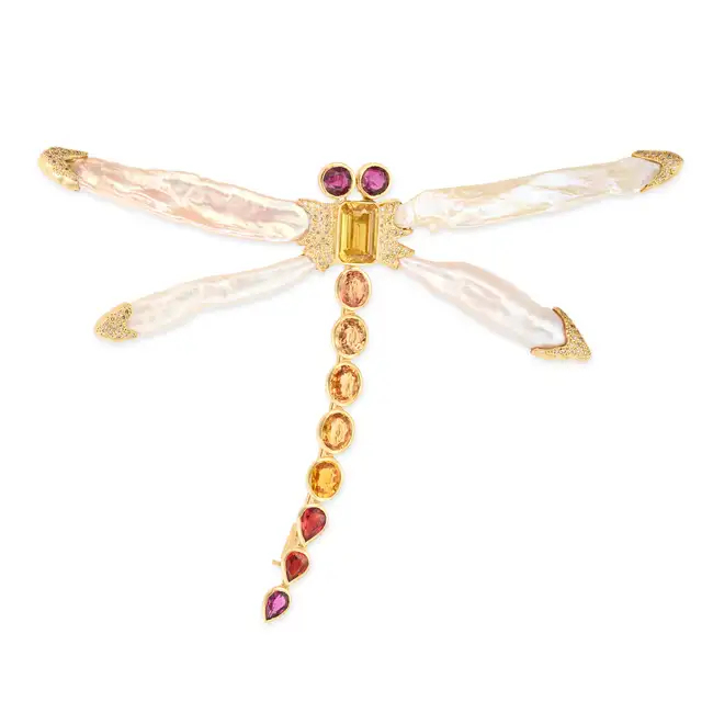 A PEARL, MULTICOLOUR SAPPHIRE AND DIAMOND DRAGONFLY BROOCH in 18ct yellow gold, designed as a