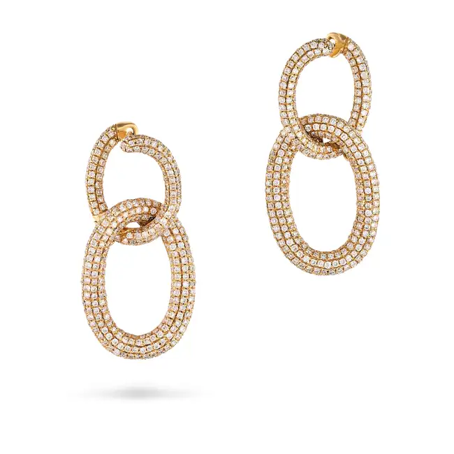 A PAIR OF DIAMOND DROP EARRINGS in 18ct rose gold, each comprising two interlocking hoops pave set