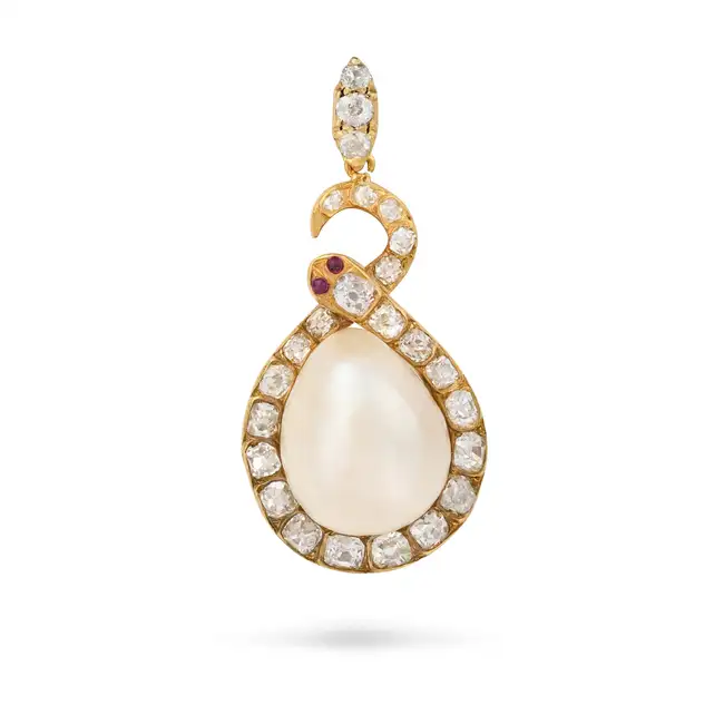 A NATURAL SALTWATER PEARL, DIAMOND AND RUBY SNAKE PENDANT designed as a snake coiled around a