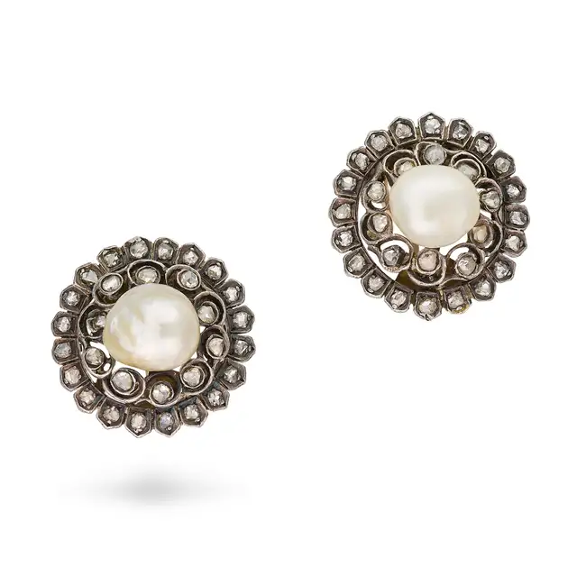 A PAIR OF ANTIQUE NATURAL PEARL AND DIAMOND CLUSTER CLIP EARRINGS, 19TH CENTURY AND LATER each set