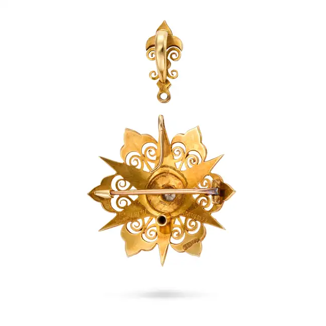 NO RESERVE - AN ANTIQUE VICTORIAN PEARL AND DIAMOND STAR BROOCH / PENDANT, CIRCA 1890 in 18ct yellow